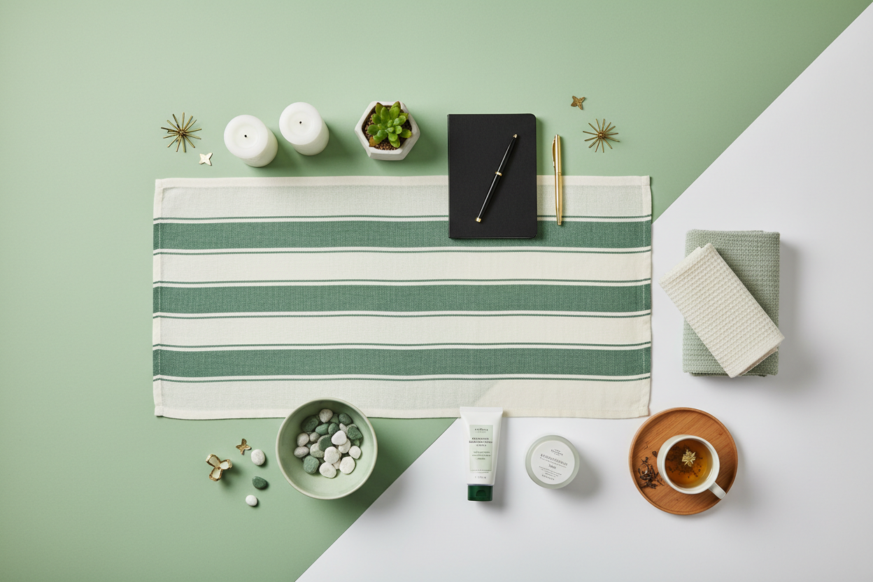 een shot vanaf boven waar allemaal producten te zien zijn, de achtergrond kleuren zijn groen en wit